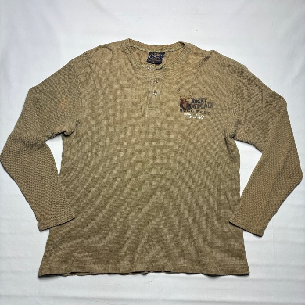 VTG Rocky Mountain Bull Fest Beige Waffle Knit Thermal L/S Henley Shirt Mens XL